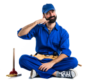 Two different scenarios of a plumber posing to promote the website